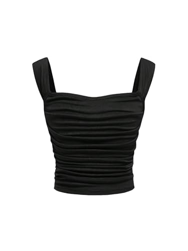 OYOANGLE Girl's Sleeveless Square Neck Wide Straps Ruched Tank Top Solid Slim Fit Crop Tops Black 10-11Y