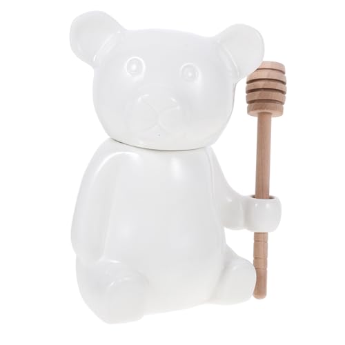 Ciieeo 1Set Ceramic Honey Jar with Dipper Stick Bear Shaped Honey Container for Easy Dispensing Unique Design for Home Use Great Present Idea Kitchen Decor