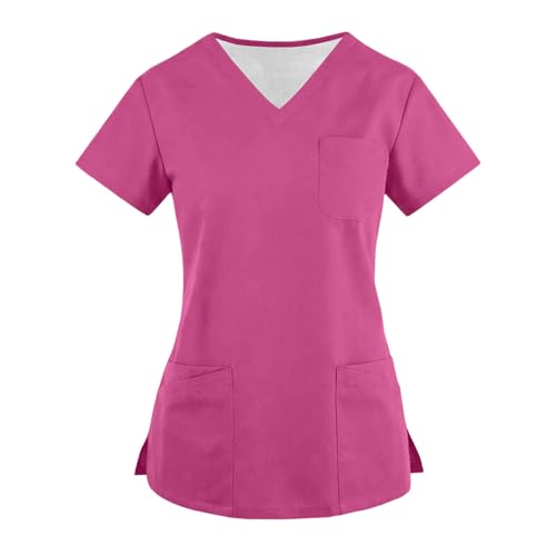 Image of UXXNJFG Scrubs Women V Neck Womens Tunic Tops UK Carer Scrub Top Beauty Comfortable with Pockets Carers Uniform Tunic Nursing Short Sleeve Womens Workwear hot Pink L