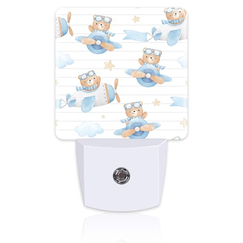 Image of Cute Adventure Bear in Airplane Night Light, Cartoon Animal Dusk to Dawn Night Light Plug in,0.5w Energy Saving Sleep Friendly NightLight for Kids Boys Girls Home Decor