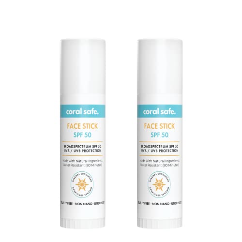 Set of 2 Reef Safe Sunscreen SPF 50 Mineral Face Stick, Hawaii & Mexico Approved, Biodegradable, Zinc, Vitamin E, Oxybenzone & Octinoxate Free, Water Resistant, Natural Ingredients, Made in USA by Coral Safe
