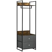 HOMCOM Clothes Rail, Metal Coat Stand, Garment Rack with 2 Fabric Storage Drawers, Single Wardrobe for Bedroom, Hallway, Rustic Brown and Grey