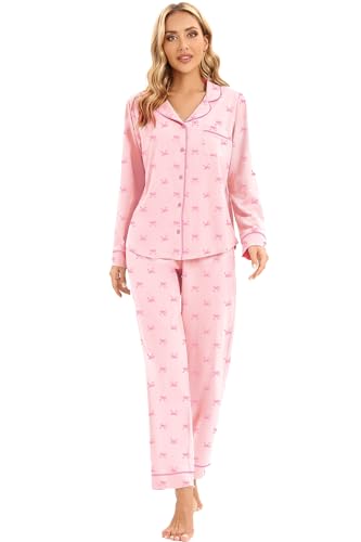 Image of LUBOT 100% Cotton Pajamas for Women Pajama Set 2 Piece PJ Sleepwear Set Soft Ladies Button Knit Long Sleeve Loungewear XS-XXL