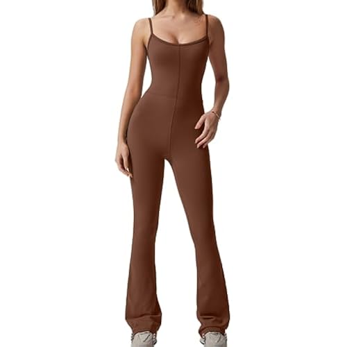 QINSEN Flare Jumpsuits for Women Spaghetti Straps Scoop Neck Bodycon Full Length Casual Unitard Playsuit