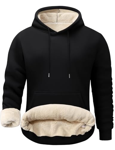 Flygo Men's Casual Fleece Sherpa Lined Hoodie Winter Warm Pullover Hooded Sweatshirt(Black-M)