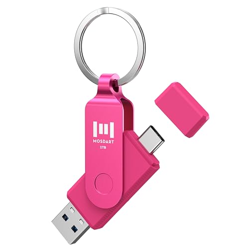 MOSDART 1TB USB3.1 Fast Speed C and A Dual Flash Drive, exFAT Memory Stick with Keychain and LED Indicator, for iPhone 15 and 16, Android Phone, iPad, MacBook, and Other Laptops, Hot Pink