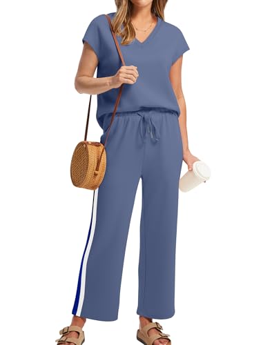 Image of Saloogoe Two Piece Sets for Women Summer Outfits Lounge Sets V Neck Tops Wide Leg Pants Woman Vacation Travel Outfits