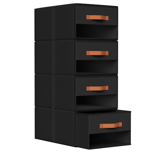 DIMJ Closet Organizers and Storage - Pull-out Fabric Bins with Drawers for Closet Foldable Clothes Organizers with Clear Window, Stackable Storage Drawers for Bedroom,Living Room,Shelf,4-Pack, Black