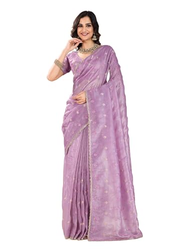 Image of AKHILAM Women's Organza Embroidered Sequins Work Saree With Unstitched Blouse Piece (RANI2501 RN Parent)