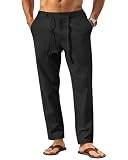 Picture of DOWMQ Mens Linen Pants Casual Linen Dress Pants Drawstring Summer Beach Lightweight Trousers with 4 Pockets Black, M