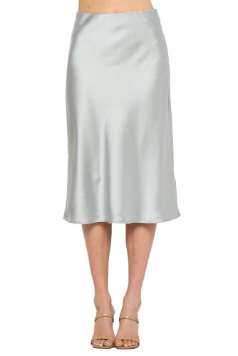 Women Solid High Waist Silky Casual Elastic Satin Midi Skirt