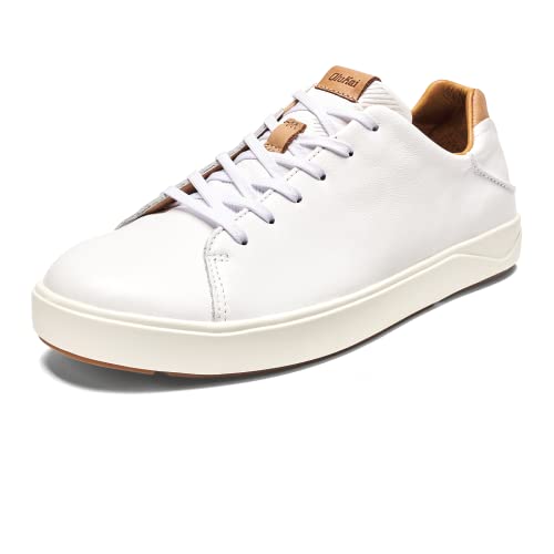 OLUKAI Lae'ahi Li 'ILI Men's Leather Sneakers, Supple Full-Grain Leather Shoes, Drop-in Heel & All Weather Rubber Soles, White/White, 9.5
