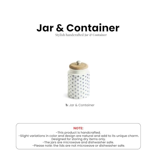 Image of ExclusiveLane 'StarMark' Multi-Utility Airtight Ceramic Jars For Kitchen Storage With Wooden Lid Ceramic Containers For Pickle Cookies Sugar Dry Fruits (Airtight, 670 ML, Hand-Painted, 18 Cm)