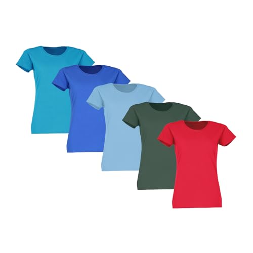 Fruit of the Loom 5er Pack Ladies Valueweight T Damen T-Shirt Azure +Royal +Sky +Bottle +Red L