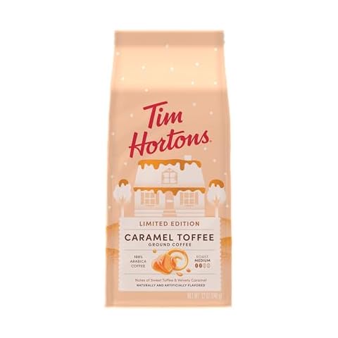 Tim Hortons 12oz Ground Bag, Caramel Toffee Flavored 100% Arabica Coffee Cover