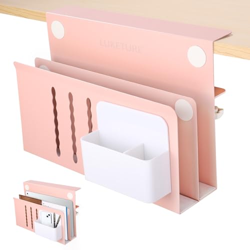 LUKETURE Desk Side Storage, 2 Tier Steel Hanging Organizer, No Drill Side Desk Organizer, Laptop Holder, with Pen Holder, Hanging Table Storage for Office Home, Fits Flat Edge Tables 0.3