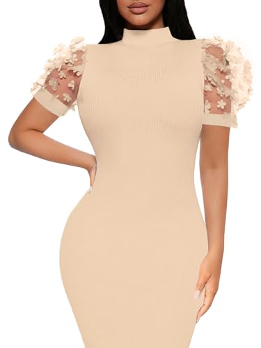 Image of Annystore Women's Mesh See Through Sheer Dress Short Puff Sleeve Bodycon Dress Mock Neck Sexy Club Party Midi Dress Clubwear