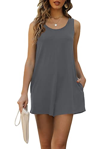 Nfsion Women's Summer Casual Loose Tank Romper Sleeveless Crewneck Jumpsuit Shorts Romper With Pockets Medium Gray #TOP2