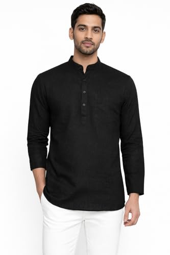 Image of Men's Cotton Kurta, Mandarin Collar Short Kurta, Long Sleeve Casual Shirt for Summer