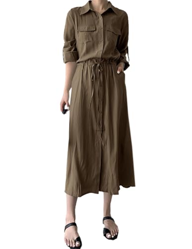 Image of Joe Wenko Womens Button Down Shirt Dress with Pockets Roll Up Sleeve Business Casual Dresses, Coffee, Small