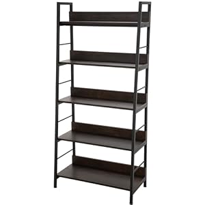 Homdox 5 Tier Ladder Shelf Industrial Bookshelf Wood and Metal Bookcase Plant Flower Stand Rack Book Rack Storage Shelves for Home Decor Walnut