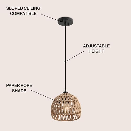 Image of JONATHAN Y 8.25 inch Brown Modern Bohemian Woven Rope LED Pendant Light Fixture, Adjustable Dome Ceiling Lamp for Kitchen Island, Rope Shade, Coastal Farmhouse Decor (JYL6512E)
