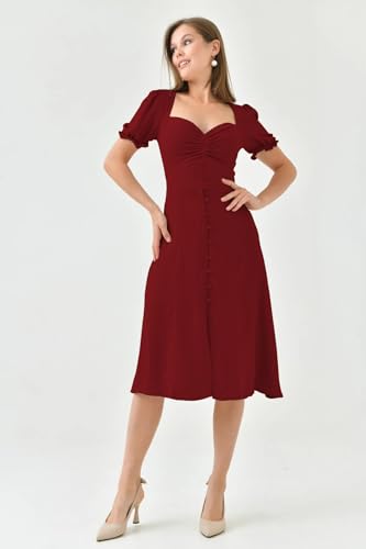 Image of Shasmi Girl's & Women's Solid Midi Dress - Elegant Square Neck Button-Down Dress with Puff Short Sleeves | Stylish Casual & Party & Office Wear Outfit (Dress 105)