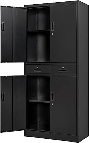 36" Locking Metal Storage Cabinet - 2 Drawers, Adjustable Shelf, Black Steel Cabinet For Garage Or Office
