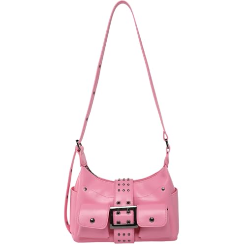 Punk Shoulder Bag for Women Crossbody Hobo Vegan Leather Y2K Purse Handbag with Adjustable Strap (Pink)