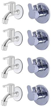 Spazio Stainless Steel Fusion Angle Valve With Bib Cock Combo Pack Foam Flow Water Taps With Wall Flange (Pack of 4) (Chrome Plated, Brass Disc)