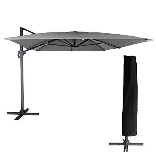 BENEFFITO OAHU - Parasol Déporté avec Housse de Rangement - Inclinable Rotatif et Rabattable - Protection UV - Ouverture Facile - GRIS/CARRE 3x3M