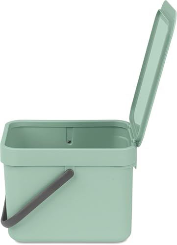 Brabantia Sort & Go Food Waste Bin 1.6 Gallons (6L)(Jade Green), Space-Efficient Recycling Bin with Handle, Removable and Stay-Open Lid, Easy to Clean Kitchen Compost Caddy Without Nooks and Rims