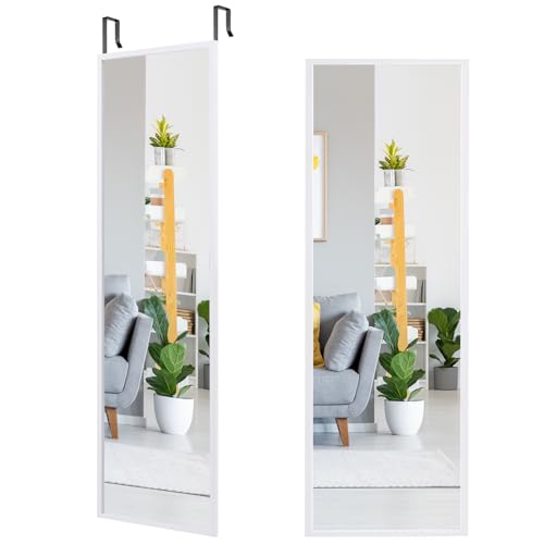 Giantex Full Length Mirror for Wall, Iron Thin Frame, Over the Door Mirror with 2 Sets of Height Adjusting Hanging Hooks for Bedroom, Bathroom, Dorm, Entryway, Easy Assembly, White