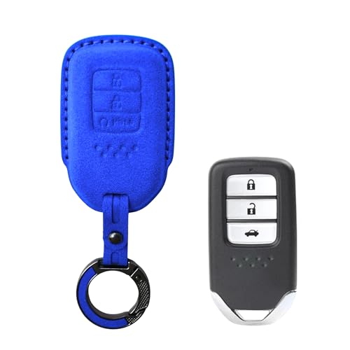 Image of KMH Alcantara Car Key Cover Compatible with Honda City, Civic, Jazz, Amaze, CR-V, WR-V, BR-V Models 3 Buttons Shell Case Holder Full Key Protector Smart Keycover with Keychain (D2) Blue - Pack of 1