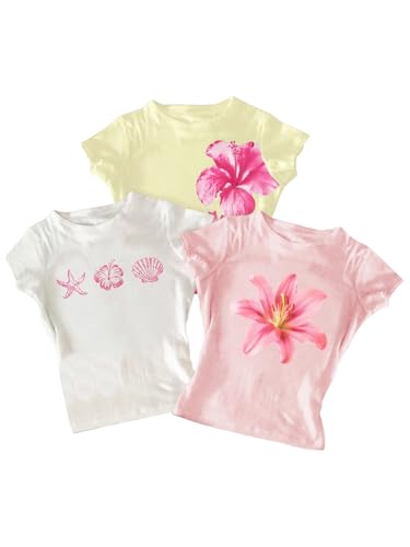 RoseSeek Girl's 3 Packs Graphic Tees Vacation Hibiscus Top Crewneck