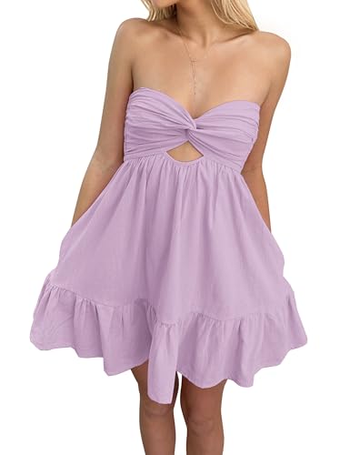 Image of Meladyan Women's Twist Knot Bandeau Tube Dress Solid Strapless Backless Mini Dresses Summer Hollow Ruffle Beach Dress