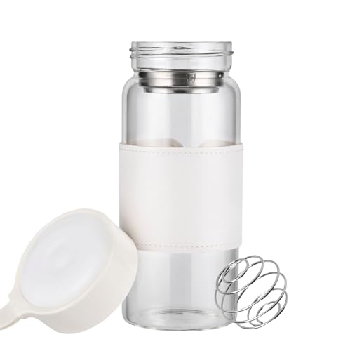 TELAIN Small Glass Jug shaker protein shake, 16 oz BPA-free, odour-free shaker bottle with 304 stainless steel mixing ball and detachable cleaning brush for fitness & protein shakes (White-1 Pack)