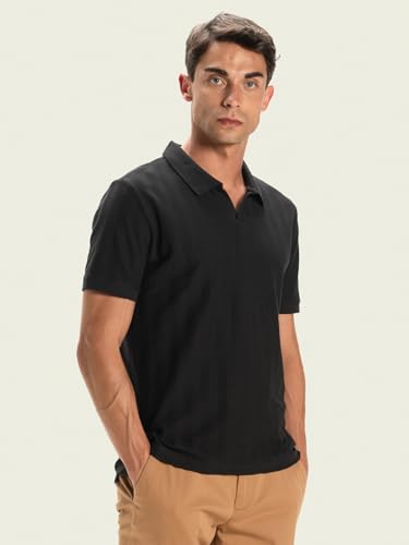 Image of DAMENSCH Men Rich Pique, Statement Textured, Body-Cooling All Degree, Premium Cotton, Herringbone Texture Johnny Collar Polo T-Shirt