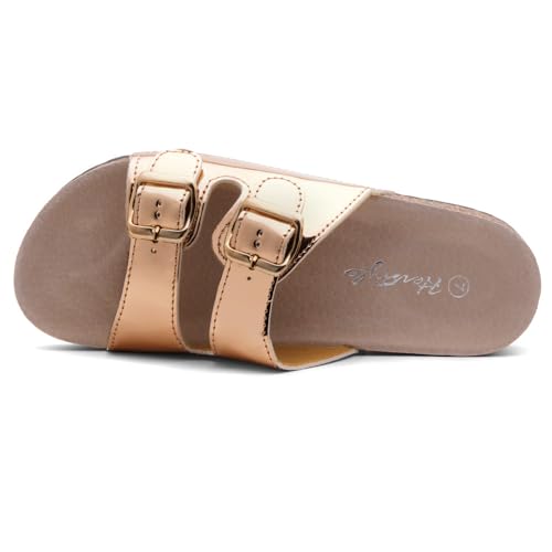 Image of Herstyle Womens Cork Footbed Slides for Women, Double Strap Flat Sandals, Adjustable Buckle Comfort Slip On Shoes, Summer Beach Casual Walking Slippers