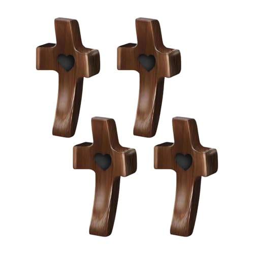 AJKQNMA 4 Stück Geschnitzte Holzkreuz mit Herzen, Handschmeichler Kreuz aus Naturholz, Handgeschnitztes Liebeskreuz für Christliches Geschenk, 5cm Holzkreuz Klein für Andachtsgebete Taufe Kommunion