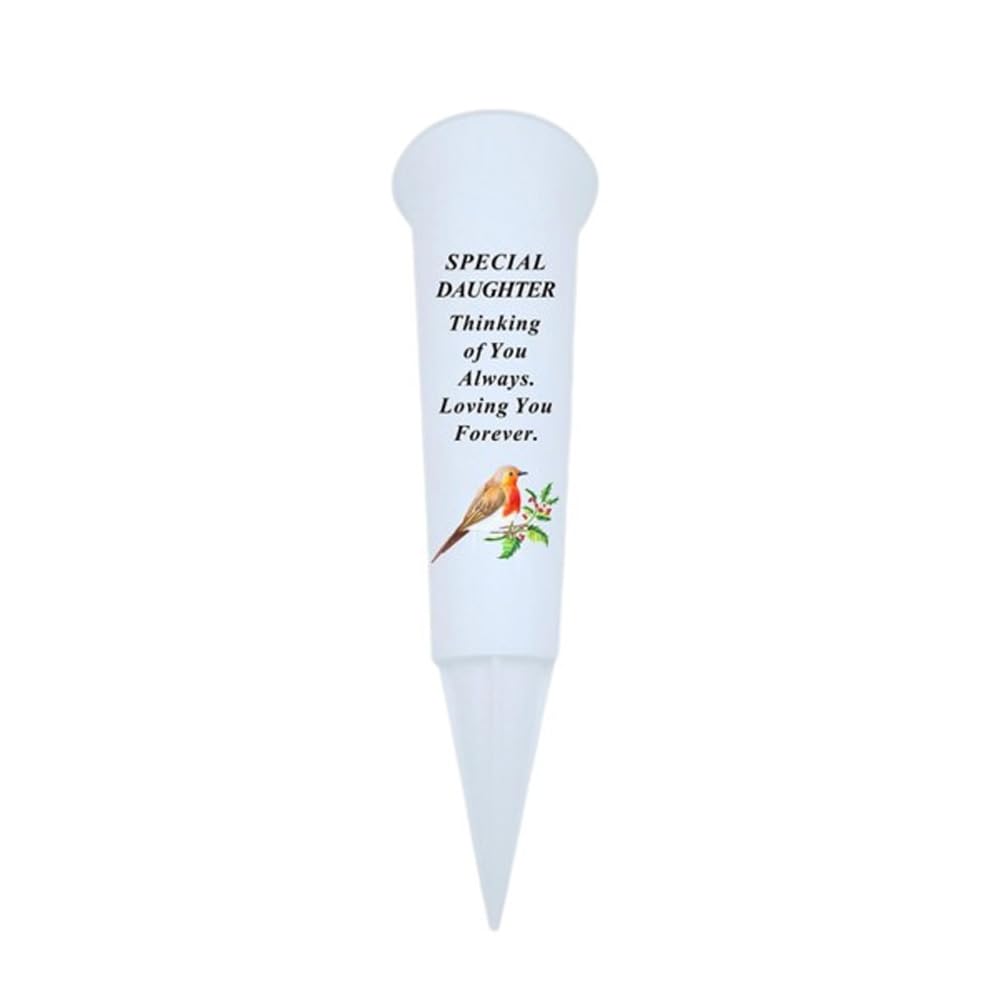 Plastic Flower Holders/Memorial Grave Vases Ornaments - Spike Flower Grave Vases for Grave Decoration with Engraved Funeral Verses for Your Loved Ones -White Spike With Robin Image (Daughter)