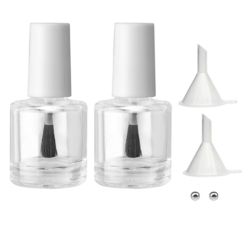 Agidea 2PCS Empty Nail Polish Bottles with Rounded Brush,Empty Glass Clear Refillable Nail Polish Containers Vials with Mixing Balls & Funnels & White Cap for DIY Nail Art Samples (10ML)
