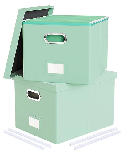 Oterri 2 Pack File Storage Organizer Box,Portable File Box with Lid,Fit for Letter/Legal File Folder Storage, Mint-green(Leather)