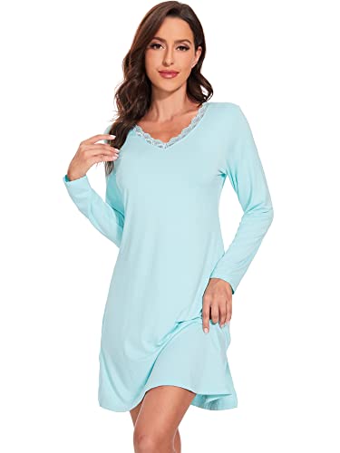 Wiwi Bamboo Long Sleeve Nightgowns For Women Soft Lace V Neck Night Shirt Nightgown Sleep Shirts Loungewear S-Xxl, Aqua, Large #TOP3