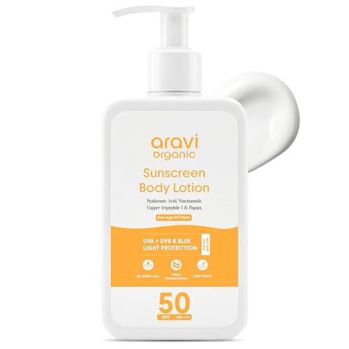 Aravi Organic Oil-Free Body Sunscreen Lotion SPF 50 | (In-Vivo) Dermatologically Tested | Travel Size | Broad Sprectum, UVA/UVB & Blue Light Protection | Zinc Oxide & Titanium Dioxide | 6.76 Fl Oz