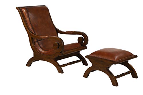 Deco 79 Teak Wood Upholstered Leather Accent Chair With Ottoman With Scrollwork And High Back, Set Of 2 36", 16"H, Brown #TOP7