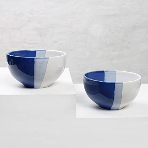 Image of The Earth Store Ceramic Handcrafted White Blue Dual Tone Soup Bowl for Vegetable Chutney Snacks Pasta Serving Bowl for Home Kitchen Dining Table, White Blue (Set of 2)