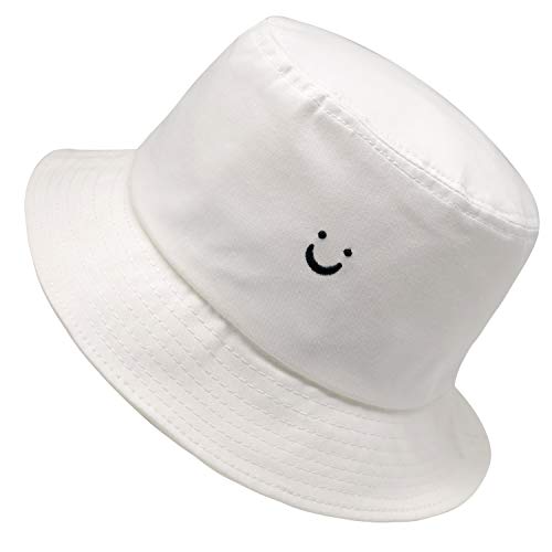 Smile Face Hat Summer Travel Bucket Beach Sun Hat Night Call Embroidery Visor Outdoor Cap (White)
