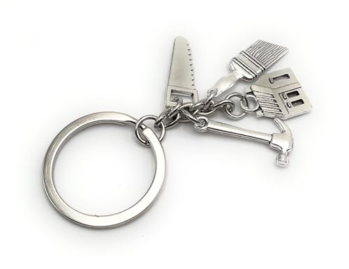 Onwomania Bricoleur Marteau Scie Pinceau Maison Porte-clés en Métal Argenté Porte-clés Voiture Organisateur Cadeaux pour Anniversaire Hommes Femmes et Enfants