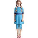 Girls Half Sleeve Rash Guard Capris Pants Color Block Tankini Swimsuit 2 Piece Bathing Suit for 0-13 Years with Swimming Cap